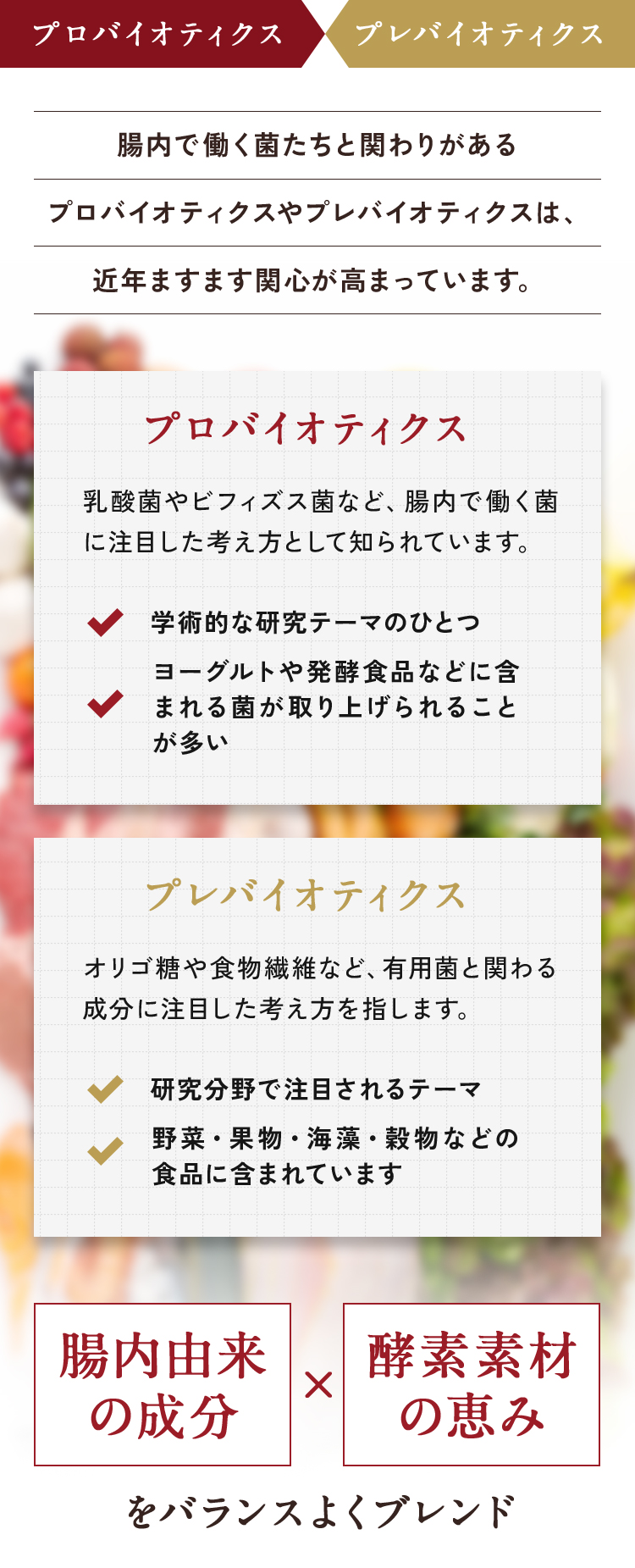 腸内フローラと関わりのあるプロバイオティクスやプレバイオティクスへの関心が高まっています。私たちはこの考え方を基に、「腸内由来の成分」と「酵素素材の恵み」をブレンドしました。