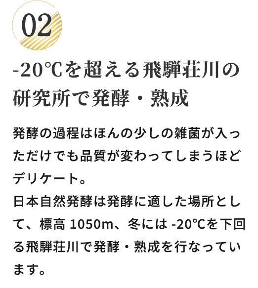 02 -20℃を超える飛騨荘川の研究所で発酵・熟成　発酵の過程はほんの少しの雑菌が入っただけでも品質が変わってしまうほどデリケート。日本自然発酵は発酵に適した場所として、標高1050m、冬には-20℃を下回る飛騨荘川で発酵・熟成を行なっています。